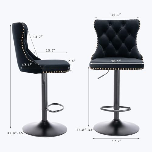 SoarFlash Velvet Bar Stool Set of 4, Adjustable Swivel Bar Stools with Black Metal Leg, Button Tufted, Footrest, Chrome Nailhead, Counter Height Chair for Kitchen, Bar, Dining Room (Black) - Image 2
