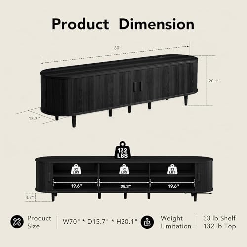 MXV 80" TV Stand with Sliding Doors for Living Room, Mid Century Modern Entertainment Center, TV Console with Fluted Door Cabinets and Power Outlet, Black - Image 2