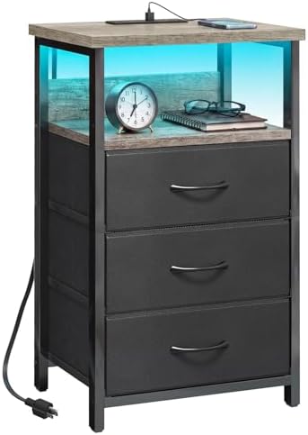 Fixwal Night Stand with 3 Fabric Drawers, Nightstand with Charging Station by Fixwal