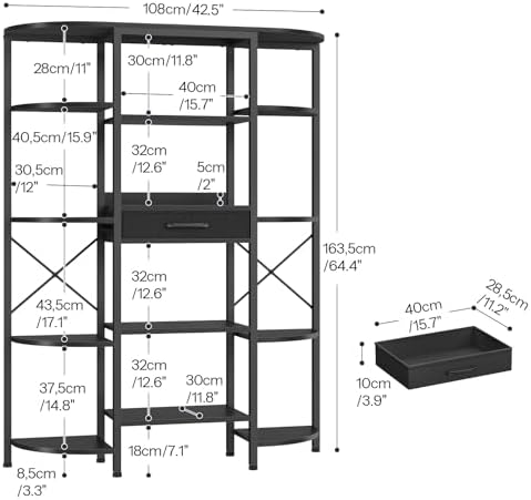 HOOBRO Triple Column 5 Tier Book Shelf, Industrial Bookcase with 12 Open Display Shelves and Fabric Drawer, Wide Bookshelf for Home Office, Living Room, Easy Assembly, Black BB161SJ01 - Image 2