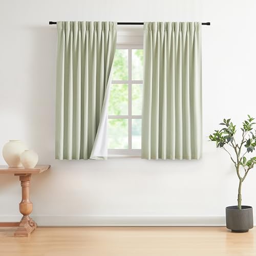 Vision Home Soft Green Pinch Pleated Full Blackout Curtains Linen Blended Room Darkening Curtain Panels 63 inch for Living Room Bedroom Thermal Insulated Pinch Pleat Drapes with Hooks 40" Wx63 Lx2 by VisionHome