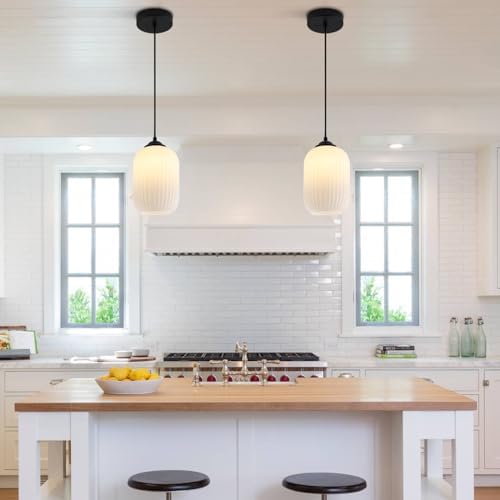KCO 2 Pack Mini Matte Black 5.5” Ribbed Cylinder Milk Glass Pendant Lights - Image 7