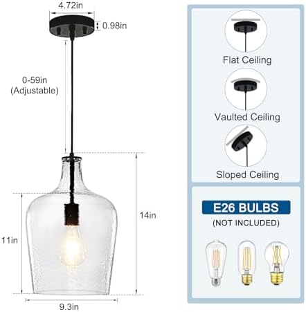 2 Pack 9.3" Glass Pendant Lighting for Kitchen Island,Black Large Pendant Light Fixture with blown Thickened Glass,1 Light Farmhouse Hanging Light for Hallway,Bedroom, Living Room Tall 14 inch - Image 4