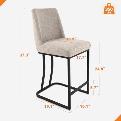 Counter Height Bar Stools Set of 2, 24 Inch Seat Height Bar Chairs for Kitchen Island, Linen Fabric Upholstered Barstools with Metal Feet for Dining Room, Sand Color - Image 2