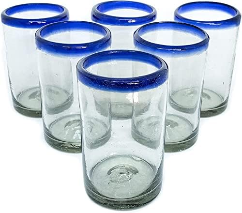 Cobalt Blue Rim 9 oz Juice Glasses (set of 6), Recycled Glass, Lead-free, Toxin-Free (9 oz Juice) by MexHandcraft