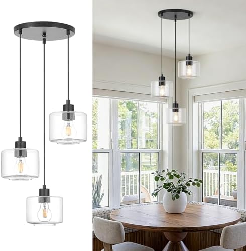 3-Light Pendant Lighting, Black Dining Room Chandelier Light Fixture Over Table with Clear Glass, Modern Cluster Hanging Lights for Kitchen Island Dining Room Sink, OS-YQ8153-3BKC by Osimir