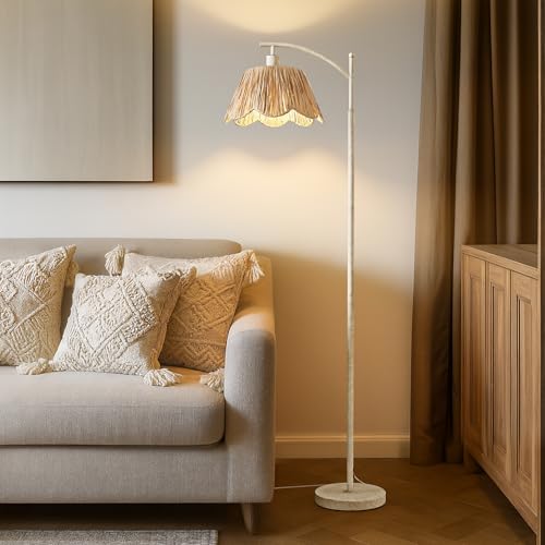 Oneach Farmhouse Floor Lamps for Living Room, Boho Floor Lamp for Bedroom with Foot Switch, Rattan Floor Lamp for Reading with Hand-Woven Shade, Antique White Metal Base & Pole - Image 5