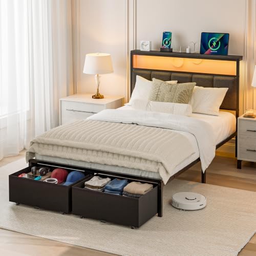 Twin Bed Frame with 2 Storage Drawers, Grey Upholstered - Image 3