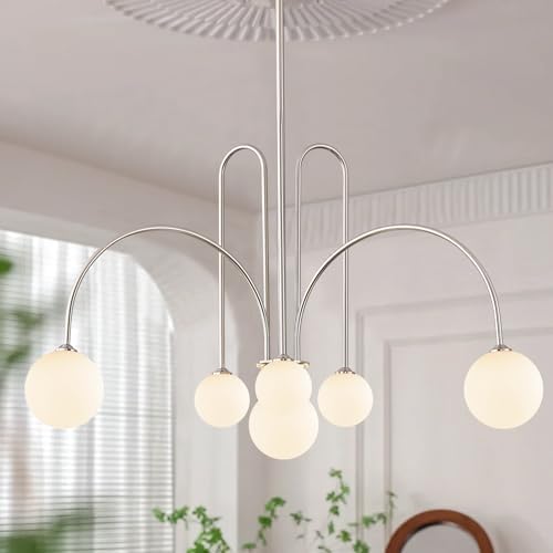 CATINER Modern 40" 6-Light Nickel Sputnik Chandelier with Milk Glass Globe by CATINER