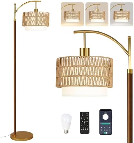 ZECOXOL Boho Floor Lamps for Living Room Rattan Floor lamp with Remote Control & 3 Color Temperatures,Vintage Wood Mid Century Modern Standing Lamp Dimmable Tall Floor Lamp for Bedroom Corner by ZECOXOL