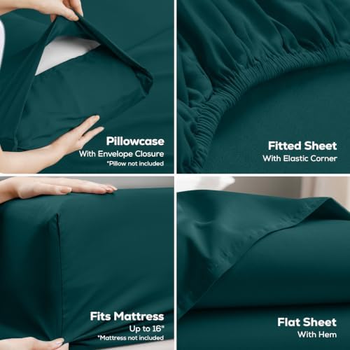 Full Sheets Set, 4 Pieces 16" Deep Pocket Hotel Luxury Sheets, Teal Green - Image 3