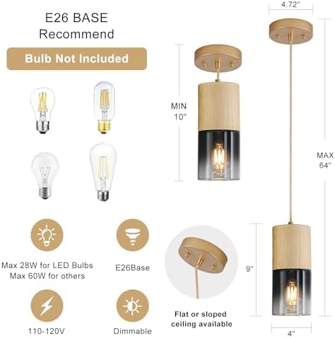 Gold Pendant Light Fixtures, Adjustable Modern Black Pendant Lights for Kitchen Island, Industrial Glass Pendant Lights for Dining Table Hallway Bedroom Living Room,1 Pack - Image 4