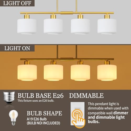 4-Light Brushed Gold Kitchen Island Lighting, Modern Linear Dining Room Chandelier Light Fixtures with Milk Glass and Chain, Mid Century Hanging Lights for Kitchen Island, OS-YQ8153-4ISBGW - Image 4