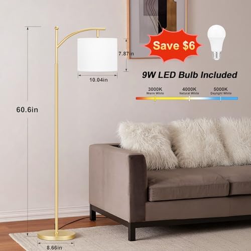 Ambimall 60" Floor Lamp for Living Room with 3 Color Temperatures, Adjustable White Shade with Gold Pole, Tall Lamp for Bedroom Office Classroom Dorm Room, 9W LED Bulb Included - Image 2