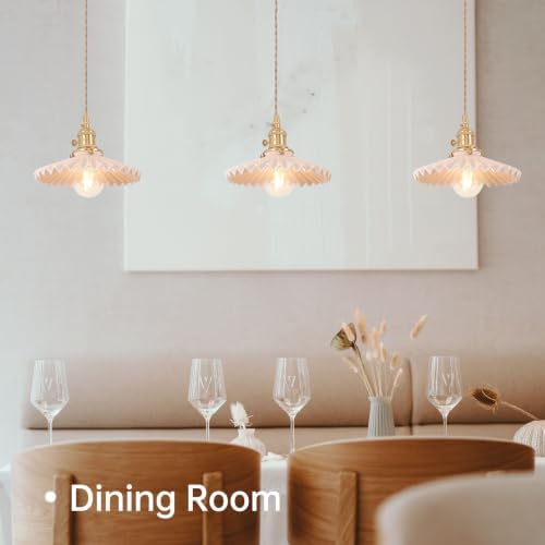 Shenmoyl Pendant Light 2 Pack with Pink Pleated Ceramic Lmapshade, Brass Vintage Pendant Light Adjustable Hanging Light for Kitchen Island Dining Room Hallway - Image 6