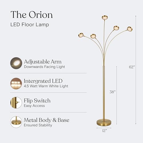 Brightech Orion Arc Floor Lamp for Living Room, Tree Floor Lamp with 5 Adjustable Arms, Multi-Head Standing Lamp with Flexible Rotating LED Lights for Bedroom, Dorm - Bright Hanging Lighting - Brass - Image 3