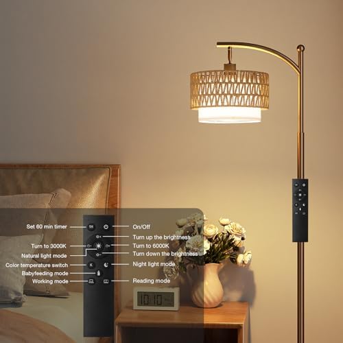 Ambimall Arc Floor Lamp with Remote & Rattan Double Shades, Brown Rustic - Image 5