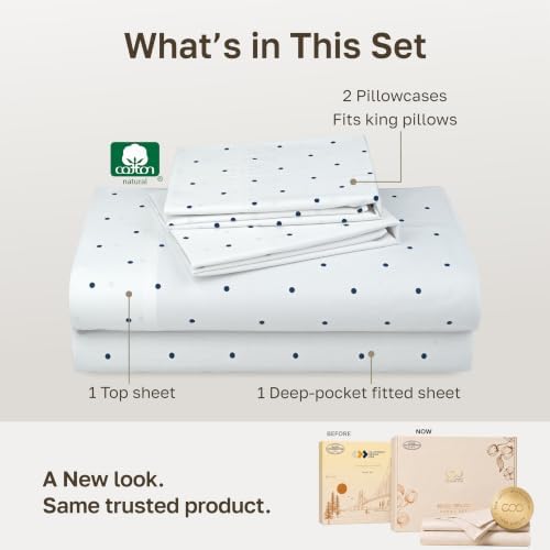 California Design Den 100% Cotton Sateen King Sheet Set, Polka Dot Print - Image 3