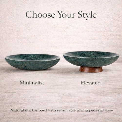 Decorative Marble Bowl Green - Removable Acacia Wood Pedestal - 10" - Image 2