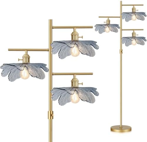 Vintage Dimmable Floor Lamp,Gold Tall Lamp for Living Room Corner,Mid Century Modern Floor Lamp Brass Tree Lamp Blue Glass Shade,Standing Lamps Floor Light for Bedroom Corner Study Office by Auwieou