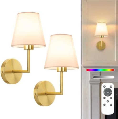 NIORSUN 13.8 inch Battery Operated Wall Sconce Set of 2,Gold Rechargeable Wall Lights with 10400mAh Dimmable Detachable Bulbs and Remote,9 Colors Wireless Sconces for Bedroom Living Room Hallway by NIORSUN