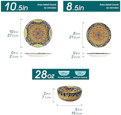 vancasso 12 Pieces Dinnerware Sets, Dark Green Plates and Bowls Set, Porcelain Dishes Set for 4, Microwave and Dishwasher Safe, Scratch Resistant, Bohemian Style Dining Ware Service for 4, Series SIMI - Image 2