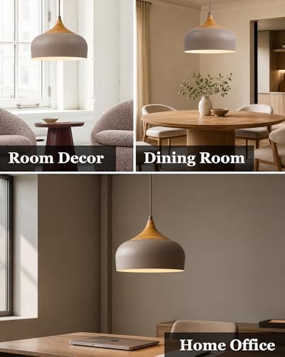 ELYONA 12" Japandi Pendant Light, Farmhouse Pendant Light Fixture with Faux Pine Wood Grain Metal Shade, Adjustable Hanging Light for Kitchen Island Dining Room Bedroom Sloped Ceiling, Caramel Brown - Image 7