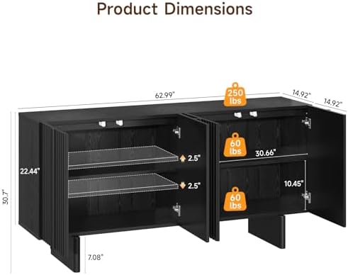 ONBRILL 63" Fluted Sideboard Cabinet with Storage Adjustable Shelves Black - Image 2