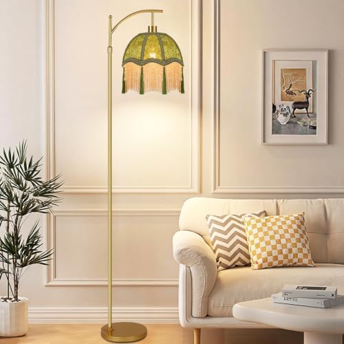 Vintage Floor Lamps for Living Room Boho Rustic Floor Lamp with Remote Control & 3 Color Temperature,Dimmable Gold Floor Lamp Mid Century Modern Standing Lamp Fringe Green Tall Floor Lamp For Bedroom - Image 6