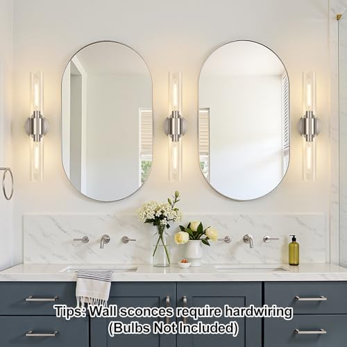 Wall Sconces Set of Two, Brushed Nickel Bathroom Sconces Wall Lighting with Clear Glass, Hardwired Modern Sconces Wall Decor Set of 2 for Bathroom Mirror Bedroom Living Room Hallway - Image 3