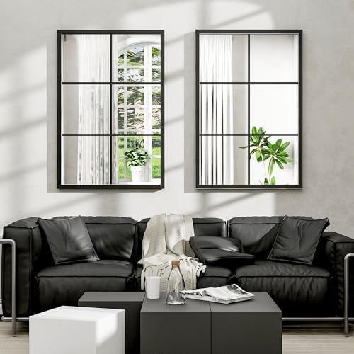 Dewfig Rectangle Wall Mirror, 36"x24" Metal Frame Windowpane Mirror, Black - Image 2