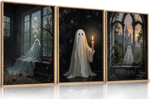 LHIUEM Large Halloween Cute Ghost Framed Canvas Wall Art Set,Vintage Spooky Wall Decor,Retro Dark Prints,Midnight Candle Poster Artwork for Living Room,Bathroom,Dining Room -24"x36"x3 by LHIUEM