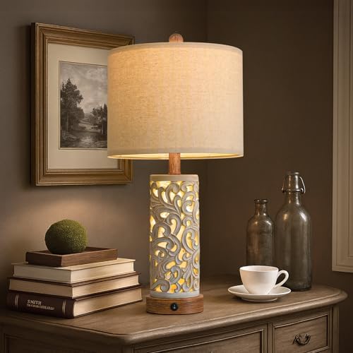 OYEARS 22'' Table Lamp Set of 2 for Living Room,Farmhouse Lamp for for Bedroom,Vintage Retro Bedside Lamps with USB Ports Linen Shade for Home Office (Brown, Bulb Included) - Image 4