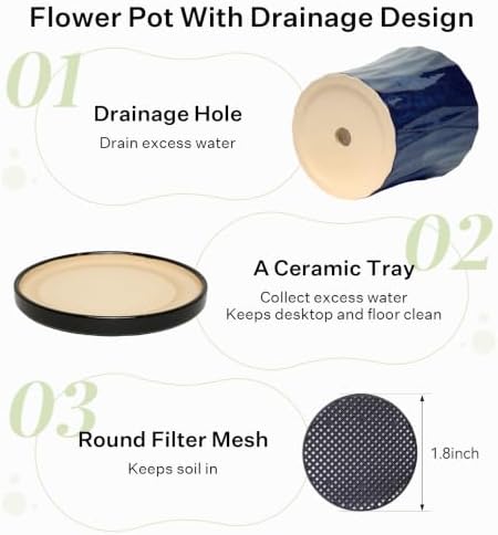8.3 Inch Ceramic Planters with Drainage Hole and Saucer,Indoor Outdoor Large Flower Pots, Garden Pot for Plant Lovers (Blue) - Image 4