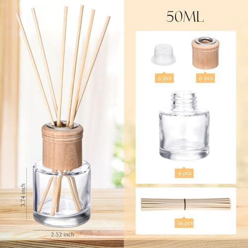 Roshtia 6 Set Reed Diffuser Bottle Empty Refillable Fragrance Glass Diffuser Bottles Set with Wooden Caps Sticks 50ml 1.7 oz Round Glass Jars for DIY Fragrance - Image 6
