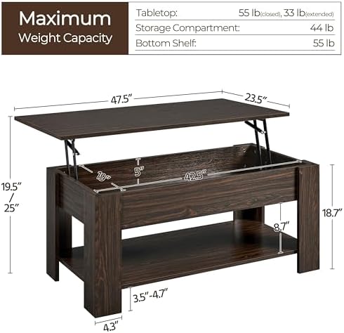 Yaheetech 47.2" Lift Top Coffee Table with Hidden Storage & Shelf, Espresso - Image 3