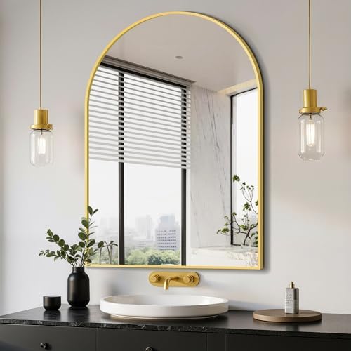 Delma Arched Bathroom Mirror, Gold, 28"x40" by Delma