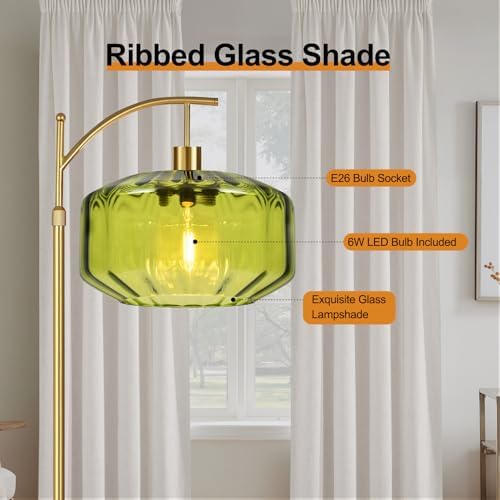 Gold Floor Lamps for Living Room Bedroom,Glass Floor Lamp with Remote Control & Green Lampshade,Arc Dimmable Floor Lamp Mid Century Modern Standing Lamp Vintage Tall Floor Lamps for Bedroom Corner - Image 5