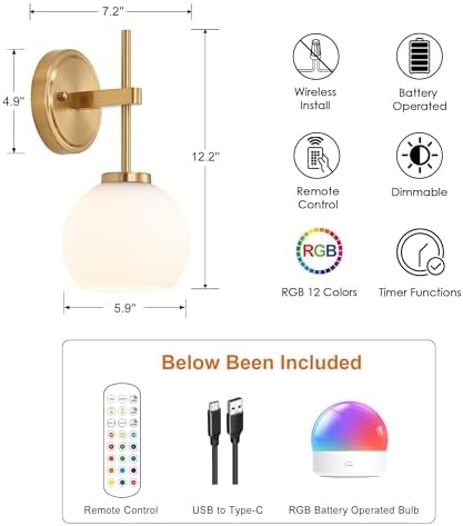 Gold Battery Operated Wall Sconce Set of 2, Wireless Rechargeable Sconces Wall Lighting with Remote Control, LED Dimmable Wall Lights with Opal White Glass Shade, 12 Colors RGB & 3 CCT Bulb - Image 2