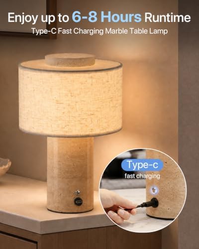 Rechargeable Marble Table Lamp 3CCT Touch Control Linen Shade - Image 3