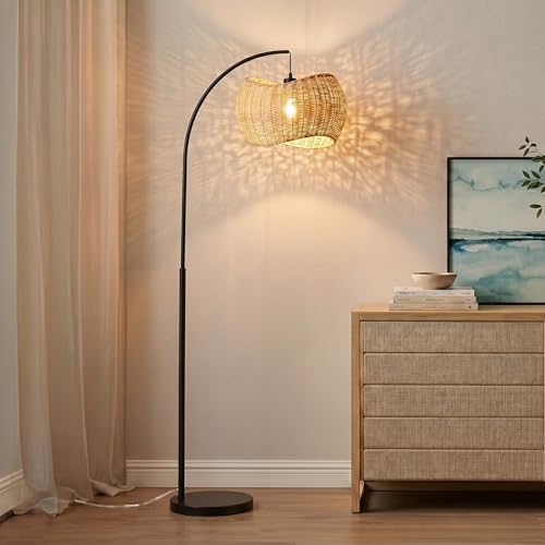 Brightech Wave Arc Floor Lamp - Chic Standing Lamp with Unique Hanging Wicker Pendant Shade for Living Room, Boho Rattan Natural Decor Lamp, Arcs Over Sofa, Bedroom & Office Desk for Reading - Black - Image 5