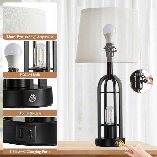 SRJJA 24" Farmhouse Touch Table Lamps for Living Room Set of 2 with USB A+C - Image 6