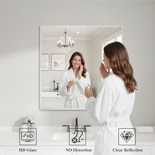 Koonmi White Rectangle Wall Mirror, 30x30 Inch Bathroom Mirror, Aluminum Frame Vanity Mirror for Entryway, Living Room, Bedroom Bathroom, Hangs Horizontally or Vertically - Image 3