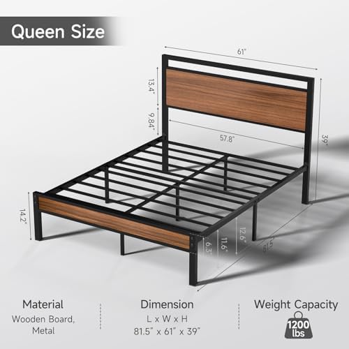 Z-hom Queen Metal Bed Frame&Wooden Headboard&Footboard,No Box Spring,Walnut - Image 2