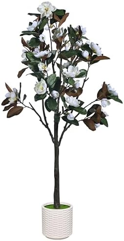 6ft Faux Magnolia Flower Tree Indoor Artificial White Floral Tree with Easy Plug-in Assembly, Realistic Large Fake Greenery Floor Plant for Modern Farmhouse Home Corner Office Decor by ZKIODVHome