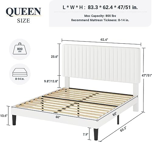 Allewie Queen Bed Frame, Velvet Upholstered Platform Bed with Adjustable Vertical Channel Tufted Headboard, Mattress Foundation with Strong Wooden Slats, Box Spring Optional, Easy Assembly, Off-White - Image 2