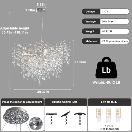 YUYI 40" Silver Tree Branch Chandelier, 12-Light Modern Crystal Chandelier, Round Chandeliers for Dining Room, Living Room, Foyer, Entryway, Kitchen, Bedroom, Luxury K9 Crystal Raindrop Light Fixture - Image 4