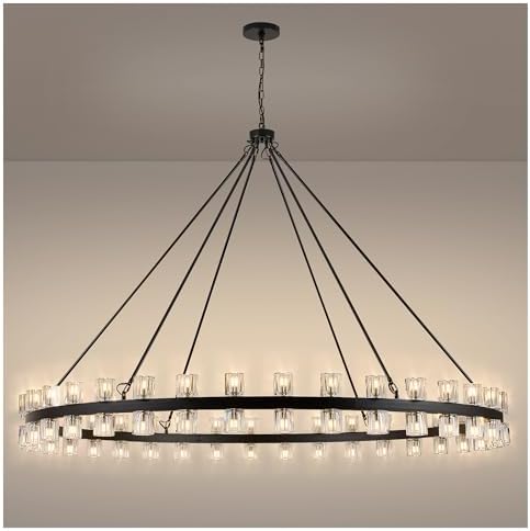 70 Inch Black Wagon Wheel Chandelier with Crystal Shade, 72 Lights, Modern Farmhouse Style, Ideal for Dining Room, Kitchen, Entryways by AEULYTIR