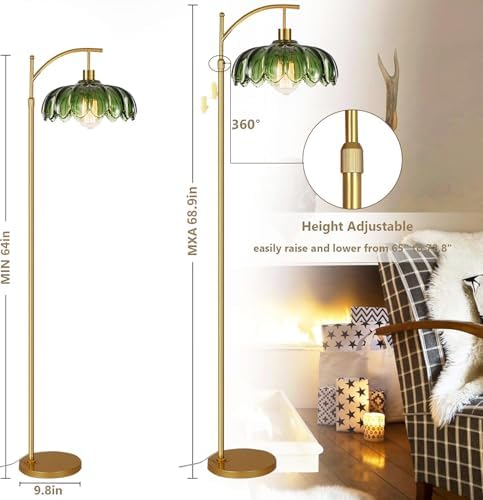 ILLMTW Gold Floor Lamp for Living Room,Bedroom,Mid Century Modern Standing Lamp with Remote,Dimmable Brass Tall Lamp Vintage Retro Green Glass Arc Floor Flower Floor Light Boho Bohemian - Image 7