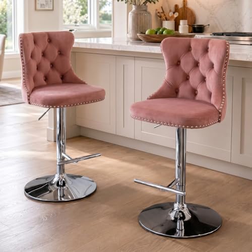 SoarFlash Velvet Bar Stool Set of 2, Adjustable Swivel Bar Stools with Silver Plated Metal Leg, Button Tufted, Footrest, Chrome Nailhead, Counter Height Chair for Kitchen,Dining Room (Pink) by SoarFlash
